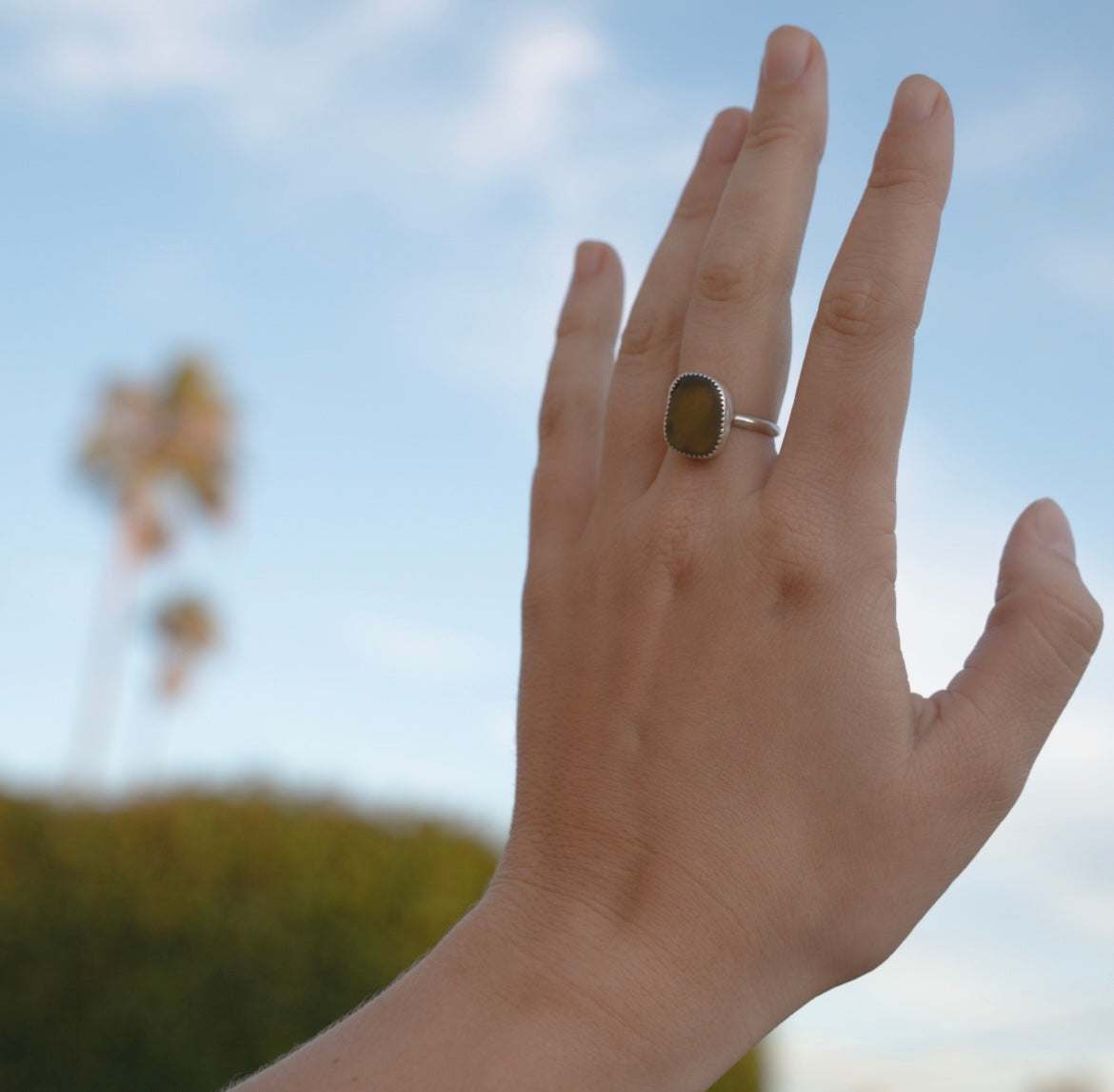 Olive Green Sea Glass Ring Size 7.5