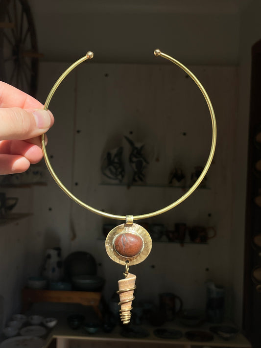 Brass Collar - Red Jasper & Spiral Shell