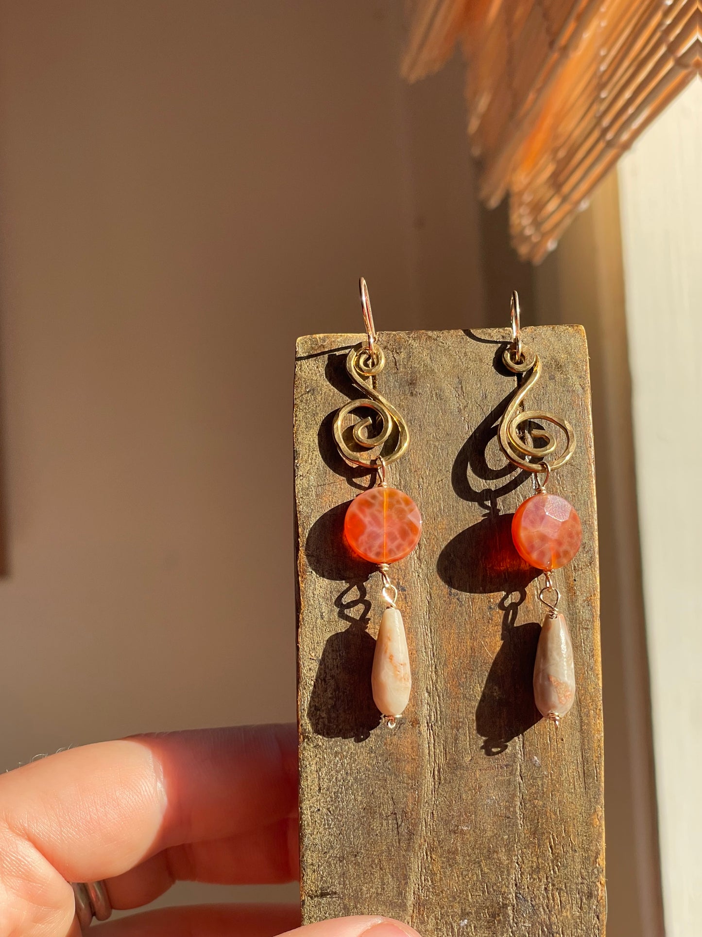 Fire Agate & Fossilized Coral Earrings