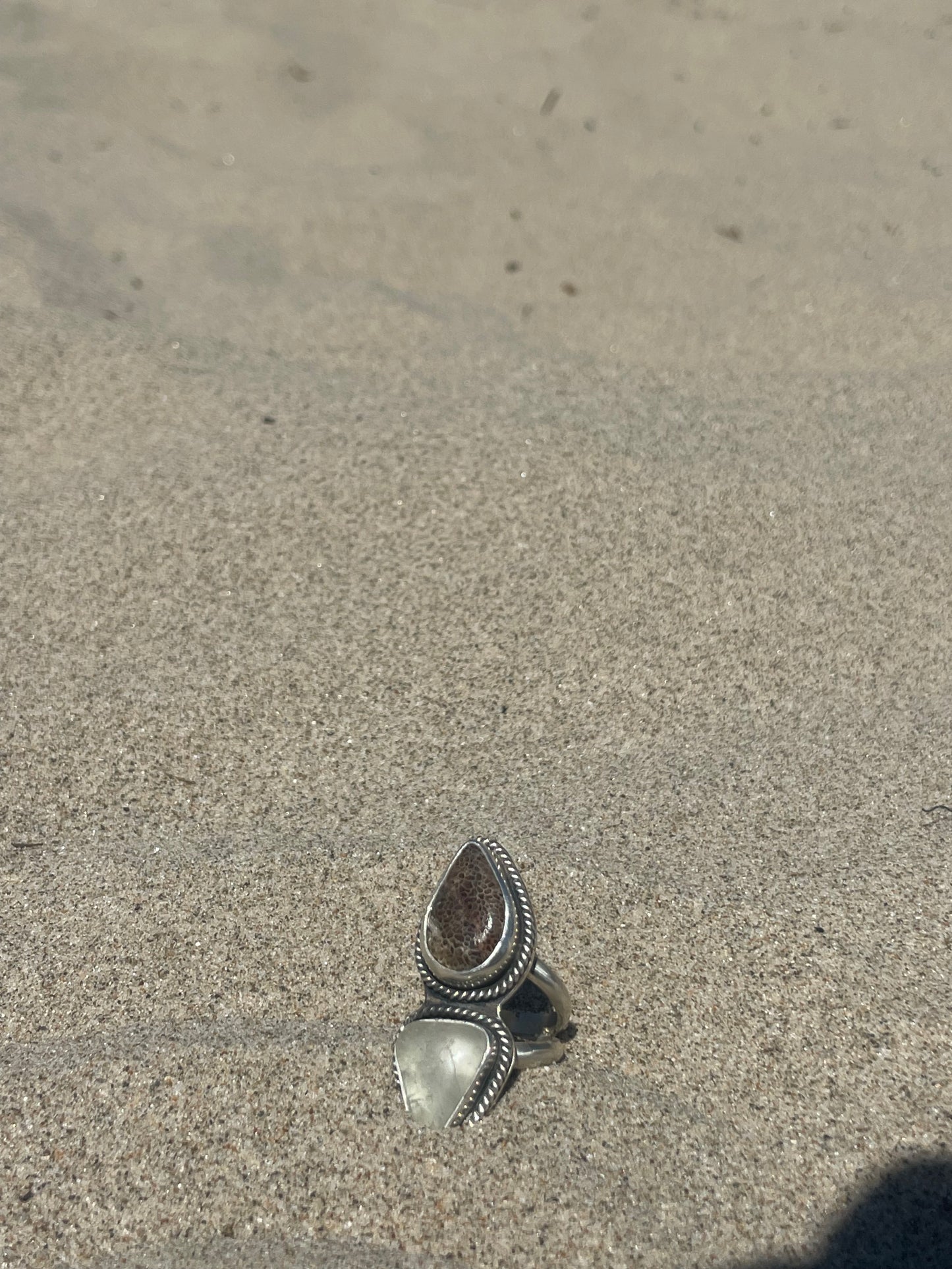 Fluorite & Fossilized Whale Bone Ring 7.5