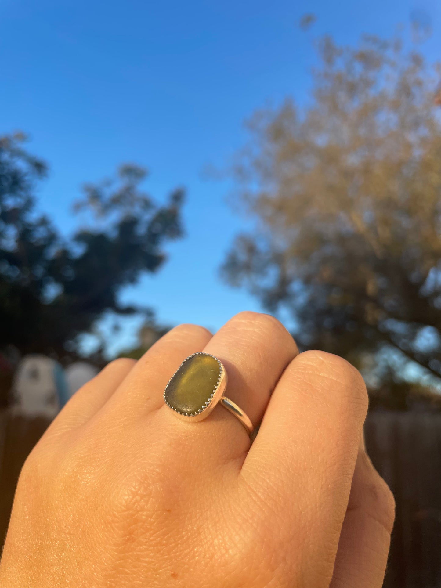 Olive Green Sea Glass Ring Size 7.5