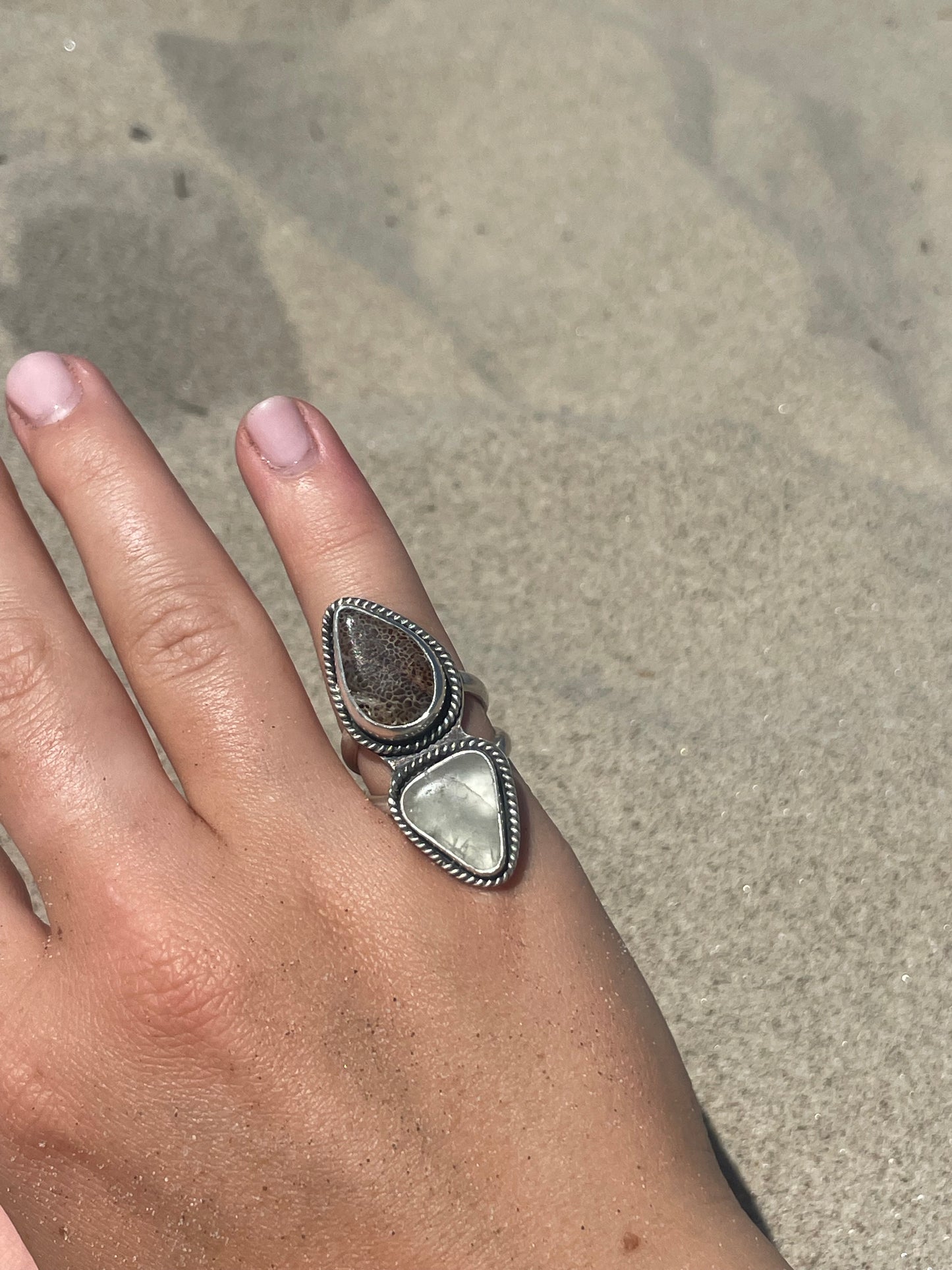 Fluorite & Fossilized Whale Bone Ring 7.5