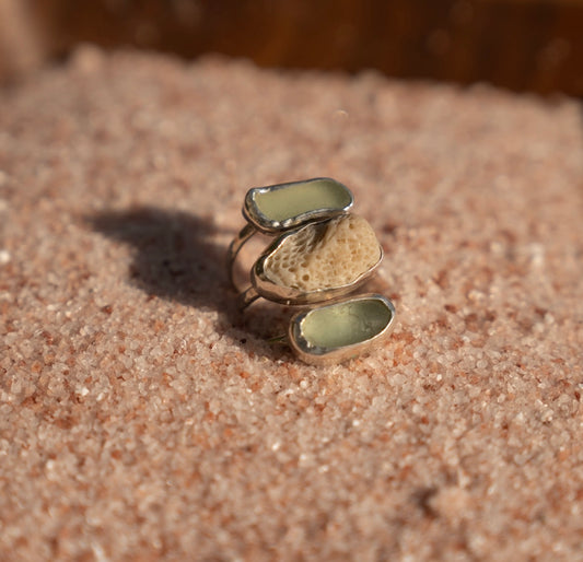 Seafoam Sea Glass & Coral Ring Size 7.5