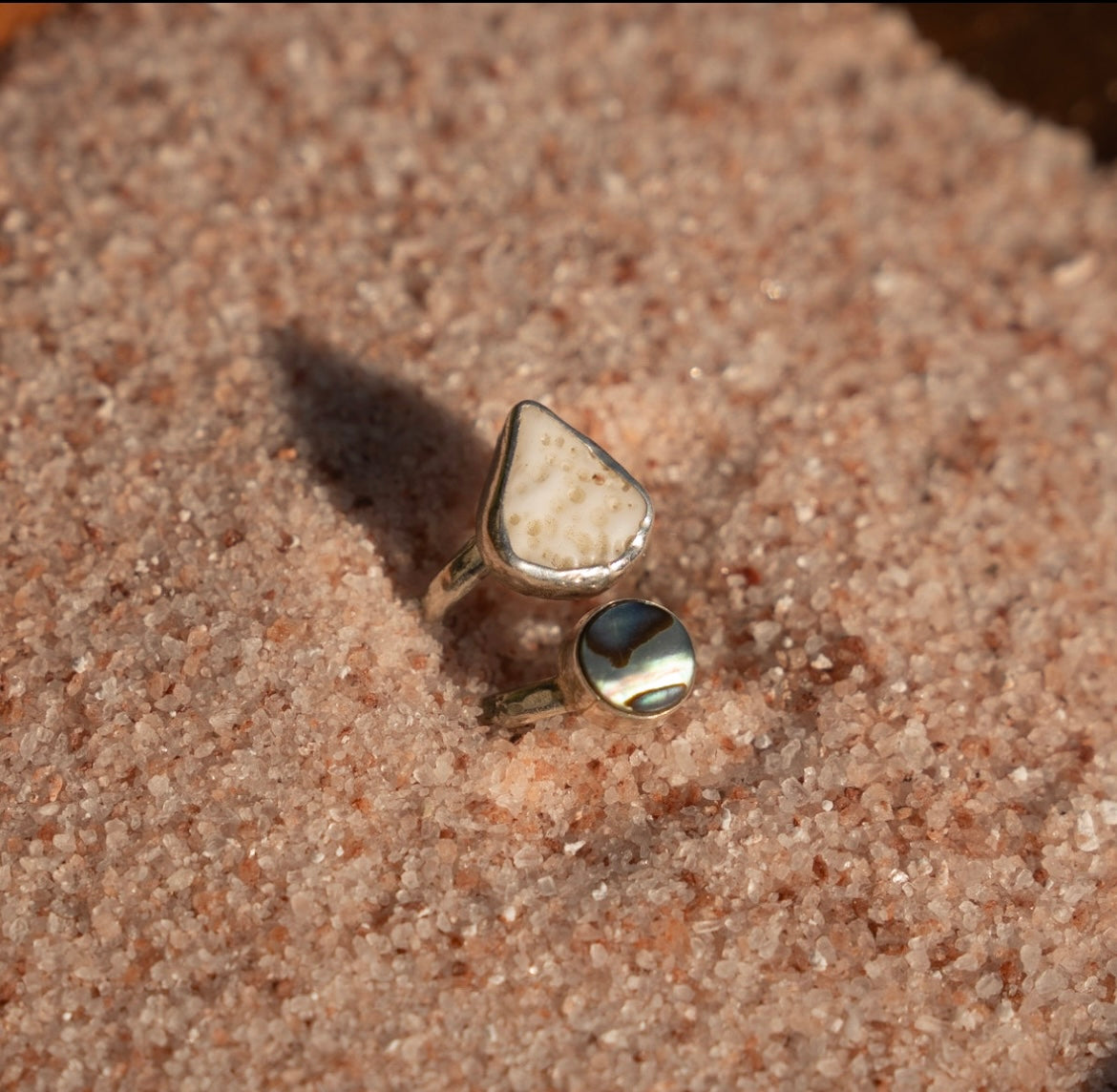 Coral & Abalone Ring Size 4.5