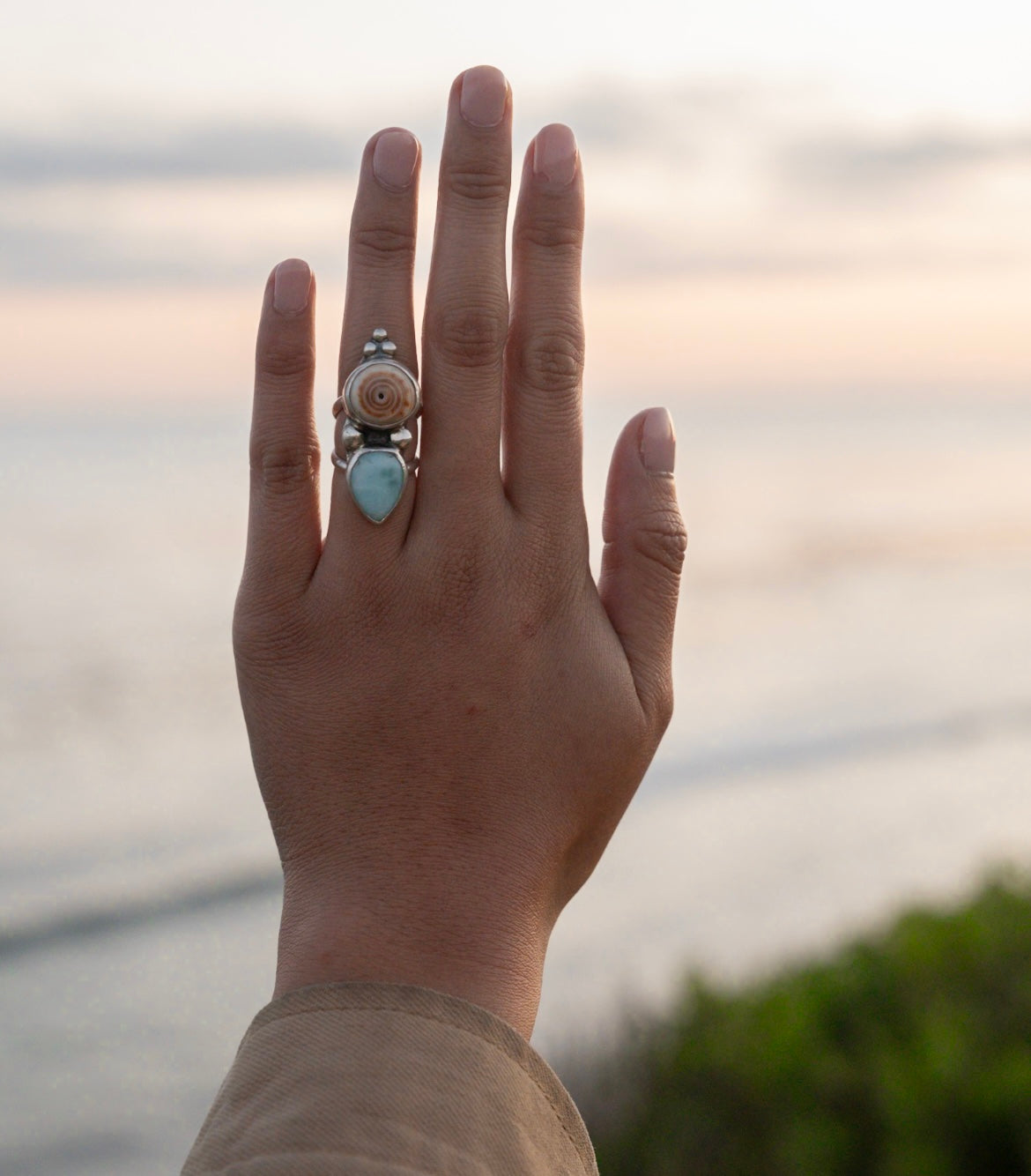 Puka Shell & Larimar Ring Size 4