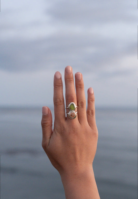 Green Sea Glass & Puka Shell Ring Size 5.5