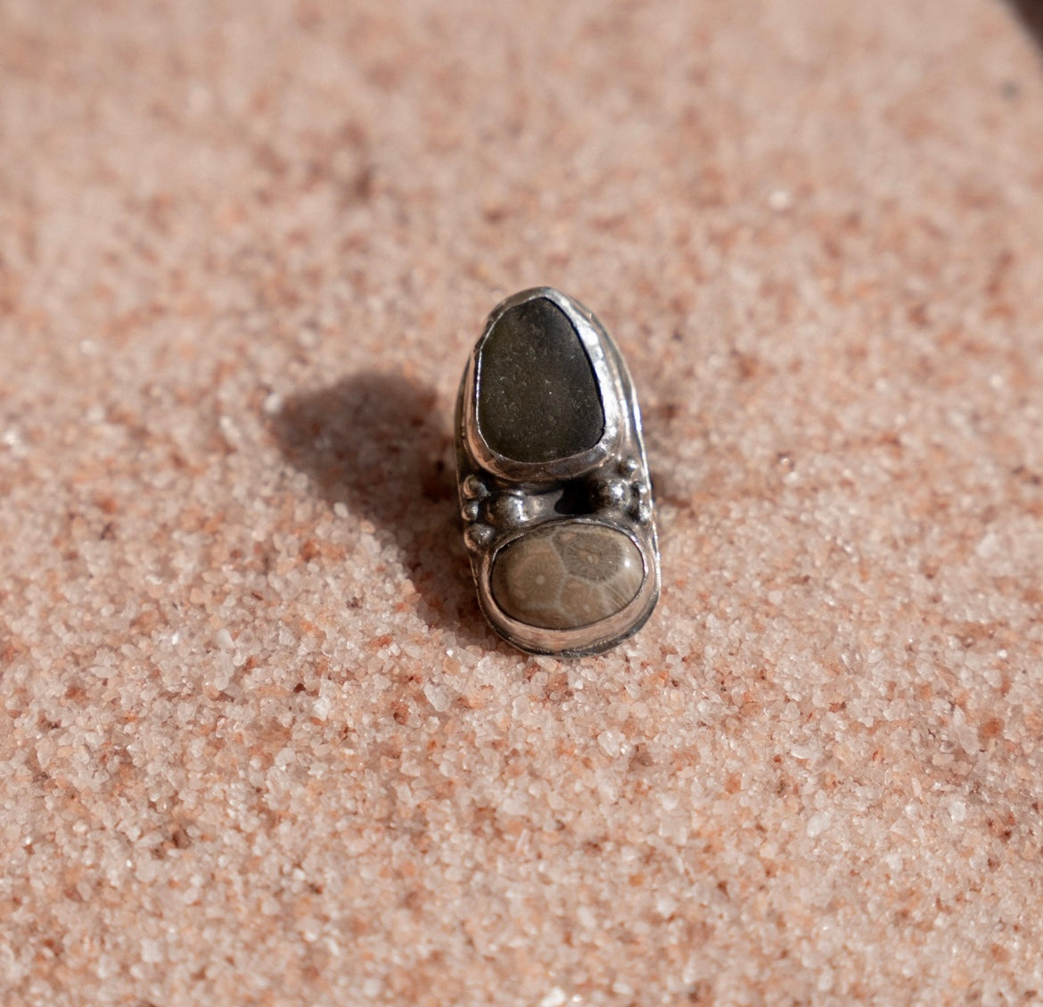 Olive Sea Glass & Fossilized Coral Ring Size 4