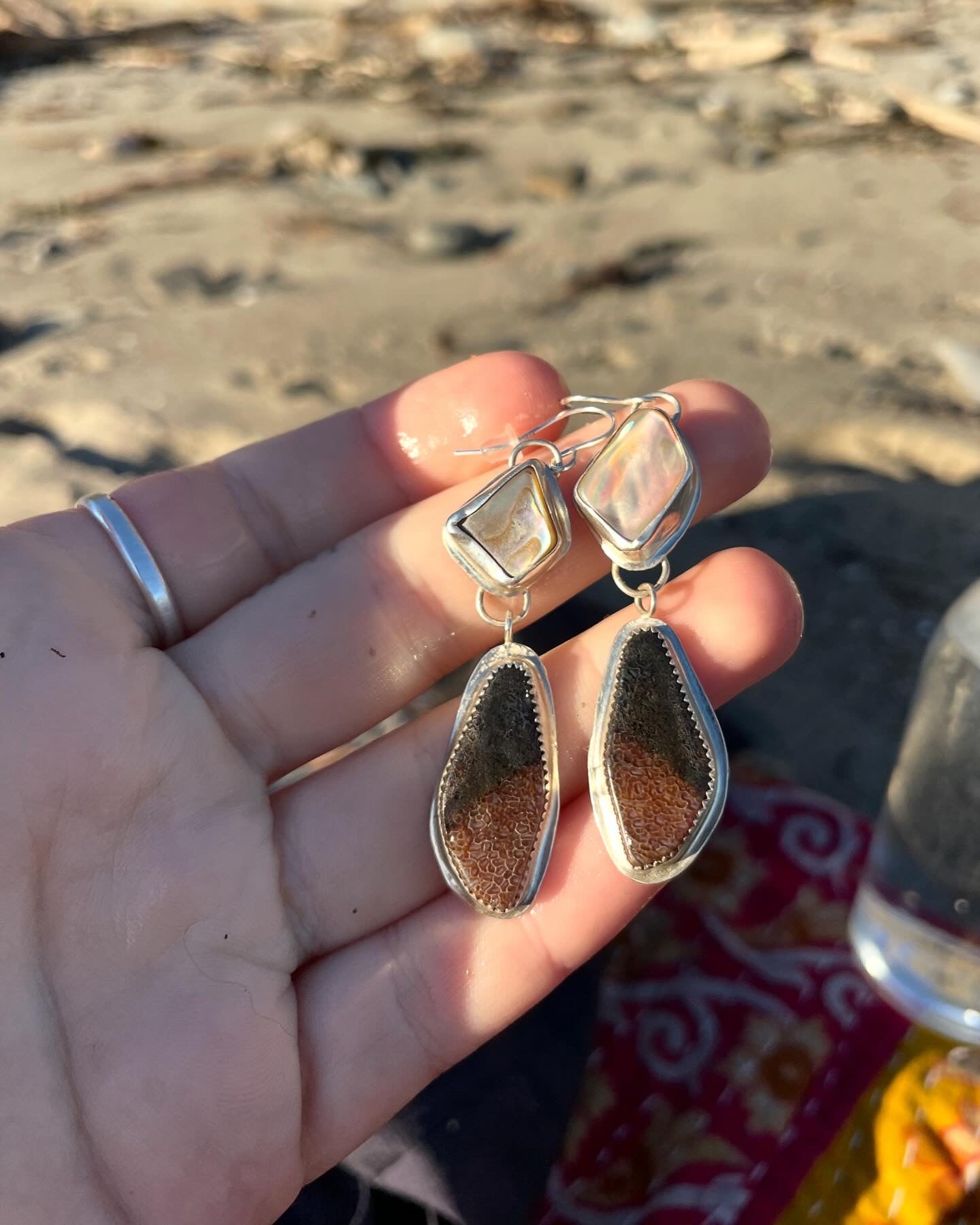 Whale Bone Fossil & Abalone Earrings