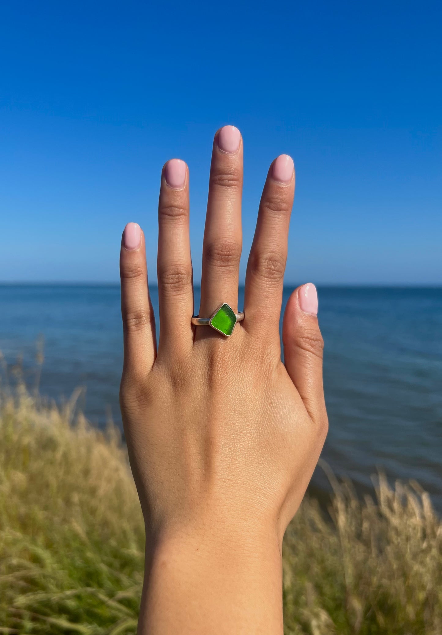 Lime Green Sea Glass Ring 9.75