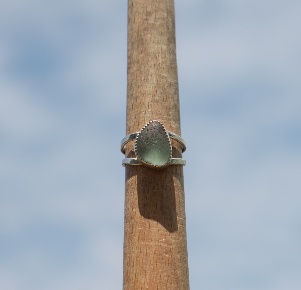 Light Blue Serrated Edge Sea Glass Ring Size 9