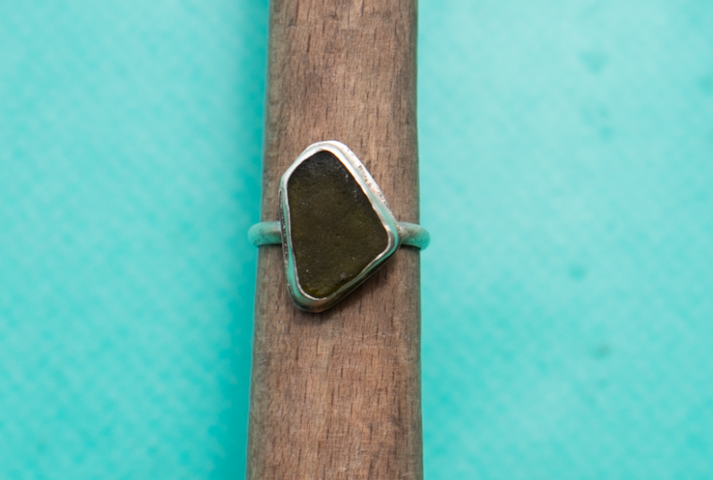 Olive Green Sea Glass Ring Size 6.5